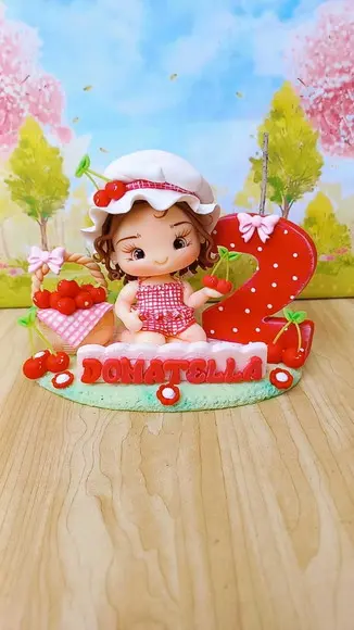 Vela Topo de Bolo Pequinique Cereja em Biscuit