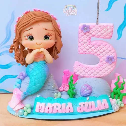 Vela Topo de Bolo Personalizado Sereia Biscuit