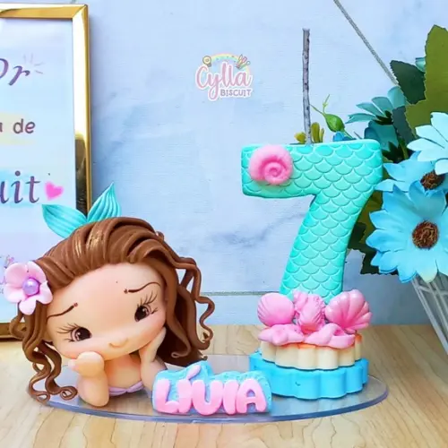 Vela Topo de Bolo Personalizado Sereia Biscuit