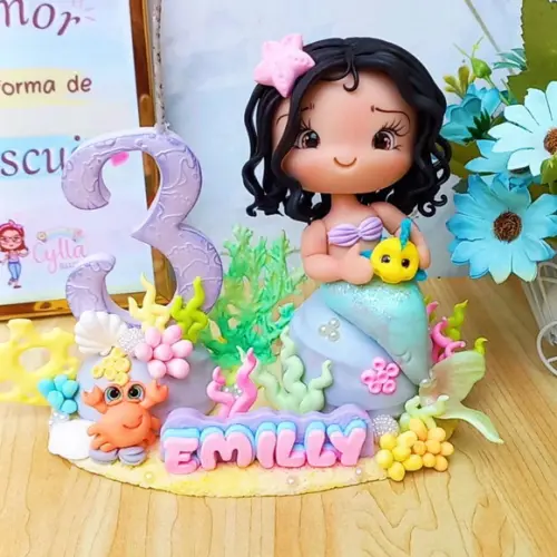 Vela Topo de Bolo Personalizado Sereia Biscuit
