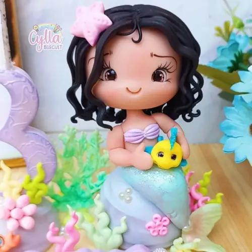 Vela Topo de Bolo Personalizado Sereia Biscuit