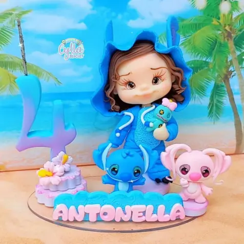 Vela Topo de Bolo Pijama Stitch em Biscuit