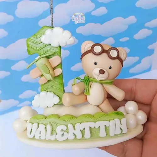 Vela Topo de Bolo Urso Baloeiro Aviador em Biscuit