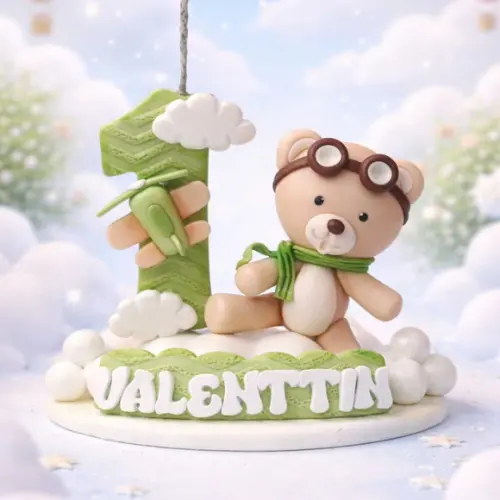 Vela Topo de Bolo Urso Baloeiro Aviador em Biscuit