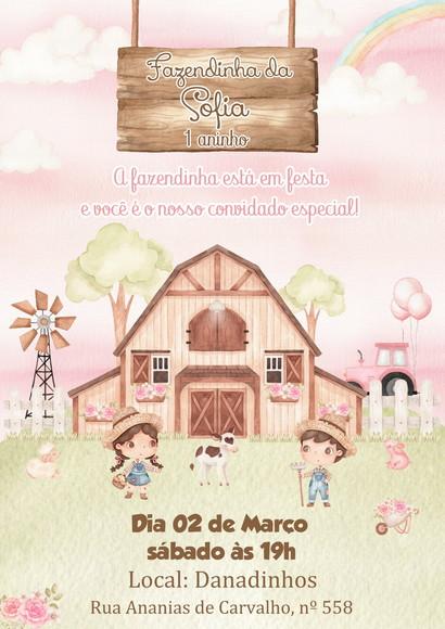 Convite Fazendinha Menina Aquarela Rosa