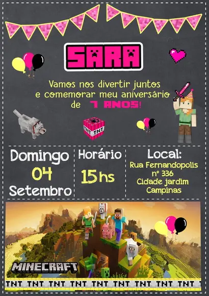 Convite Digital Minecraft Menina