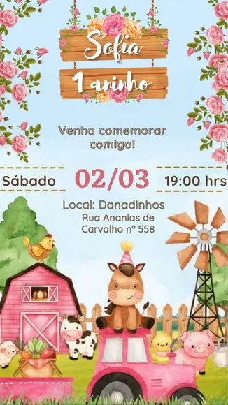 Convite Fazendinha Menina Aquarela Animais