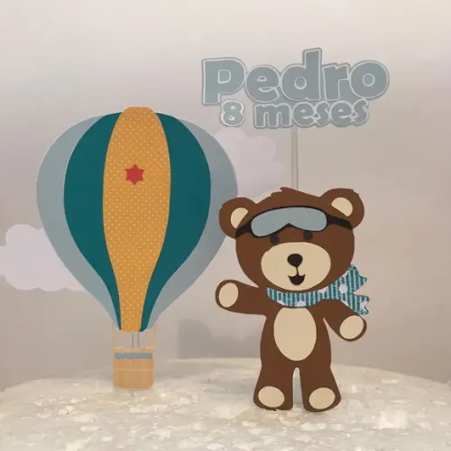 Topo de Bolo Ursinho Aviador Baloeiro