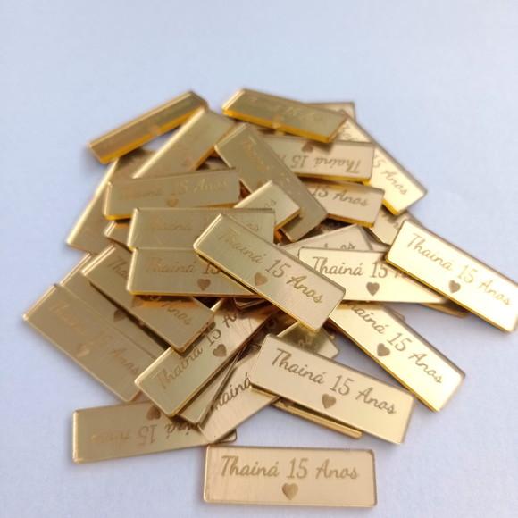 100 Tags 3x1cm em Acrílico Dourado, Rose ou Prata