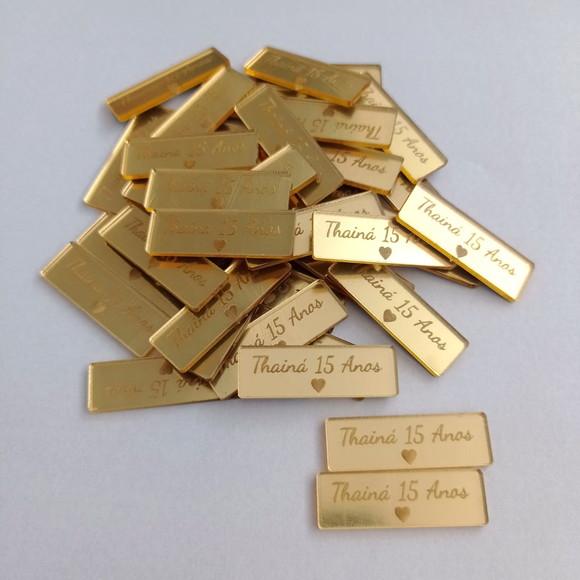 100 Tags 3x1cm em Acrílico Dourado, Rose ou Prata