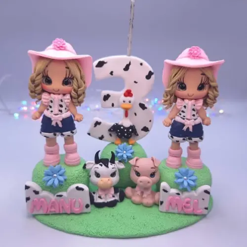 Mini Topo de Bolo Gêmeas Fazendinha Rosa Biscuit