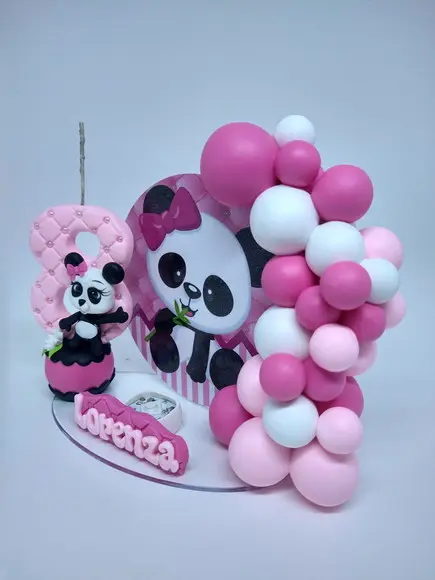 Topo De Bolo Panda Rosa,vela Cenário