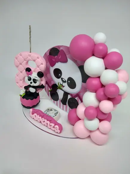 Topo De Bolo Panda Rosa,vela Cenário
