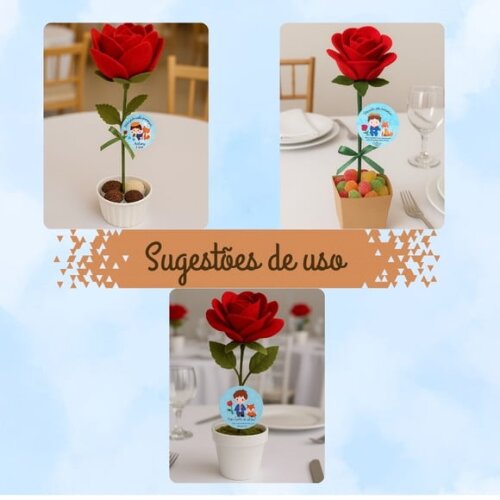 Rosa em Feltro Pequeno Príncipe no Palito com Tag Personaliz