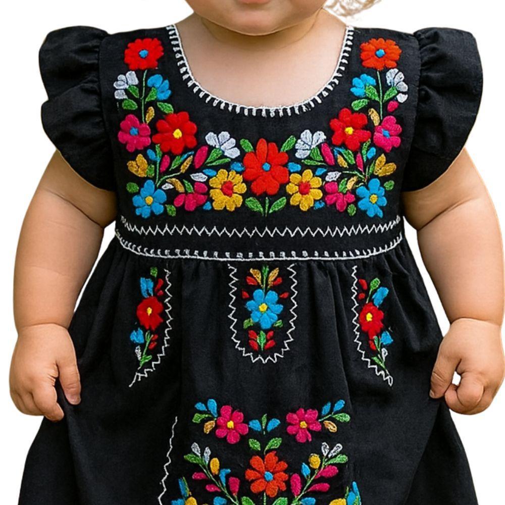 Vestido Mexicano Bordado 1 a 2 anos Preto