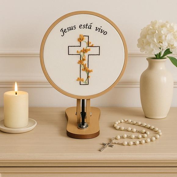 Quadro Bastidor Bordado Cruz Ressurreição Jesus Está Vivo 🙏