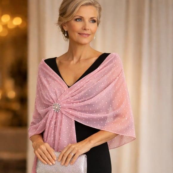 Echarpe Festa Rosa Longa em Chiffon de Seda Transparente