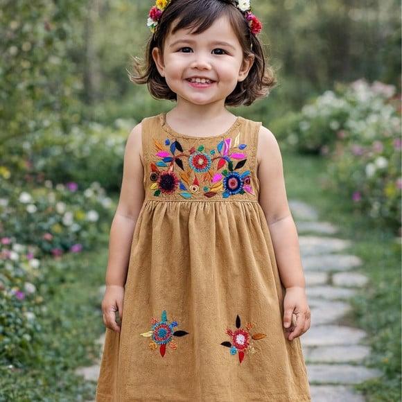 Vestido Infantil 2 a 3 Anos Mexicano Bordado a Mão Bege