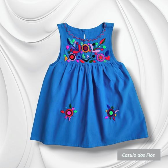 Vestido Infantil 2 a 3 Anos Mexicano Bordado a Mão Azul