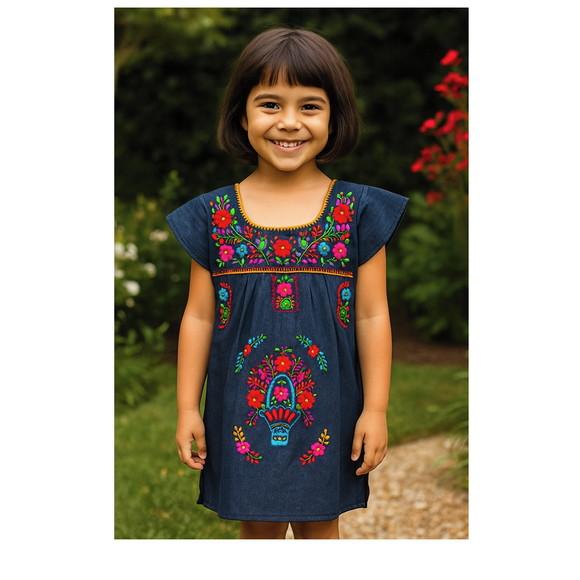 Vestido Infantil Jeans Bordado a Mão 4 a 6 Anos Mexicano