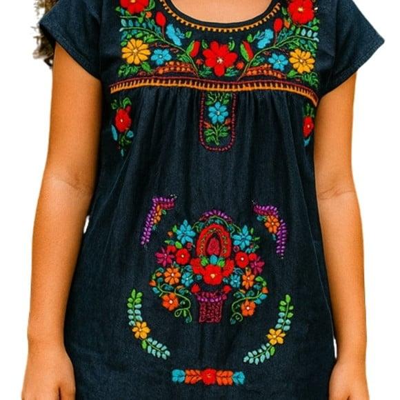 Vestido Jeans Bordado a Mão 8 a 10 Anos Mexicano