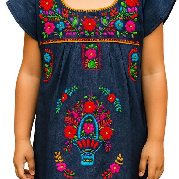 Vestido Infantil Jeans Bordado a Mão 4 a 6 Anos Mexicano