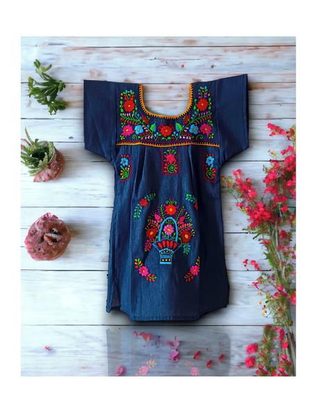 Vestido Infantil Jeans Bordado a Mão 4 a 6 Anos Mexicano