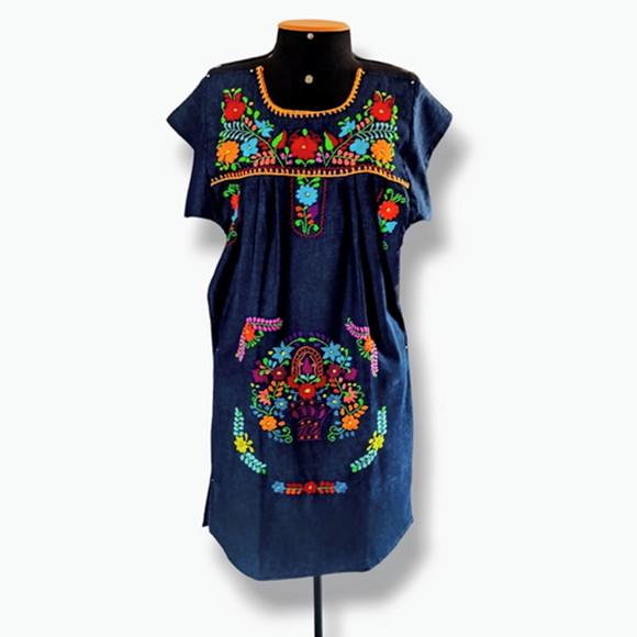 Vestido Jeans Bordado a Mão 8 a 10 Anos Mexicano