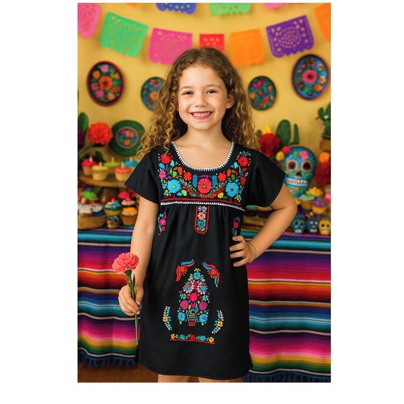 Vestido Mexicano 10 a 12 Anos Bordado a Mão Preto