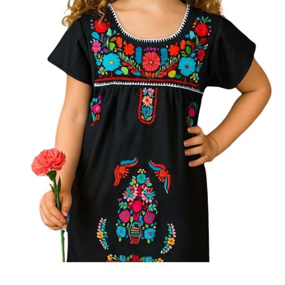 Vestido Mexicano 10 a 12 Anos Bordado a Mão Preto
