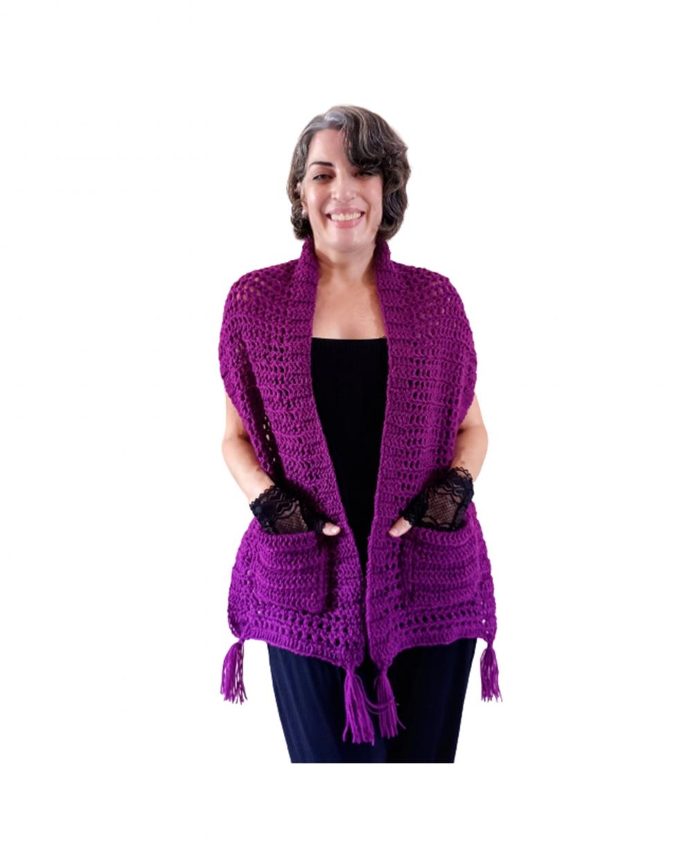 Cachecol Feminino com Bolsos em Crochê Púrpura