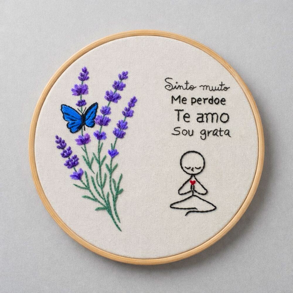 Quadro Bastidor Bordado Meditação Hooponopono Borboleta Azul