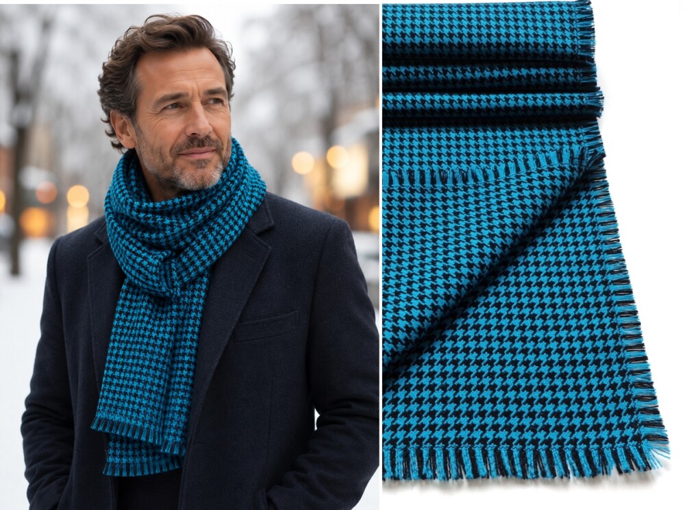 Cachecol Masculino Lã Extra Longo Xadrez Azul e Preto