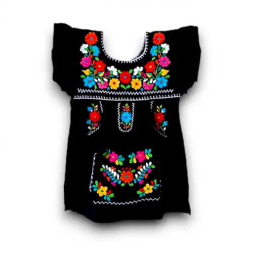 Vestido Mexicano Bordado 1 a 2 anos Preto