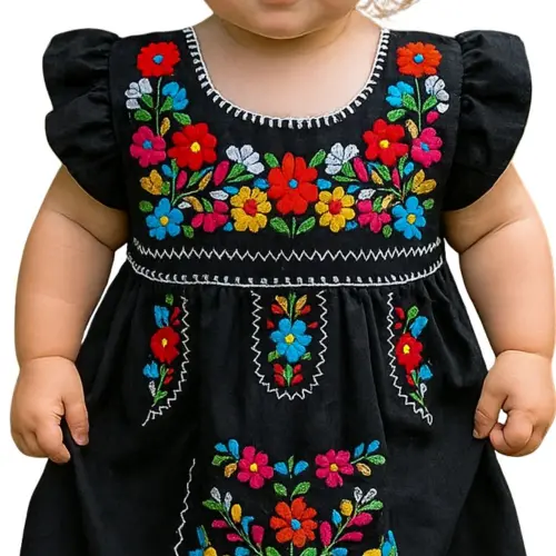 Vestido Mexicano Bordado 1 a 2 anos Preto