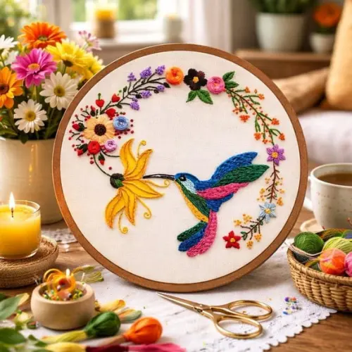 Quadro Bastidor Bordado à mão Beija-flor