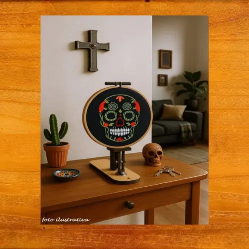 Quadro Bastidor Bordado à mão Caveira Mexicana La Catrina