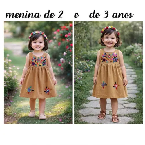 Vestido Infantil 2 a 3 Anos Mexicano Bordado a Mão Bege