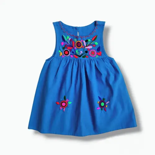 Vestido Infantil 2 a 3 Anos Mexicano Bordado a Mão Azul