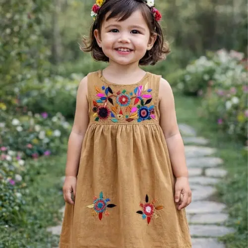 Vestido Infantil 2 a 3 Anos Mexicano Bordado a Mão Bege
