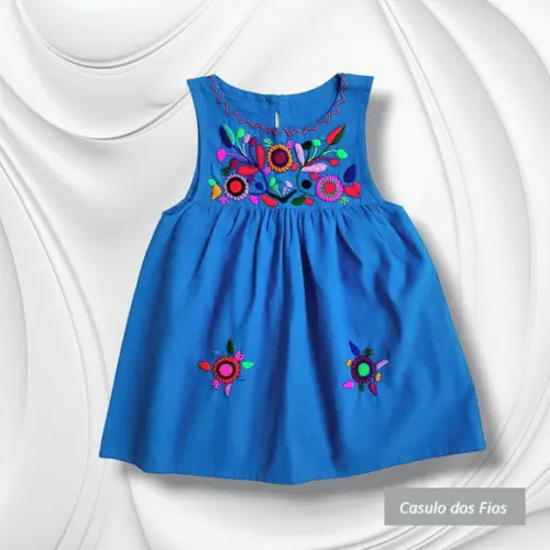 Vestido Infantil 2 a 3 Anos Mexicano Bordado a Mão Azul