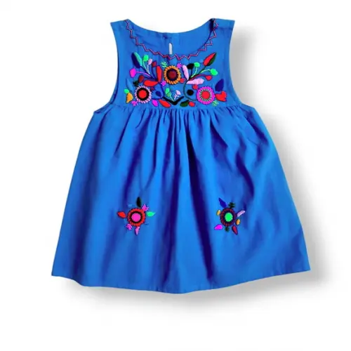Vestido Infantil 2 a 3 Anos Mexicano Bordado a Mão Azul