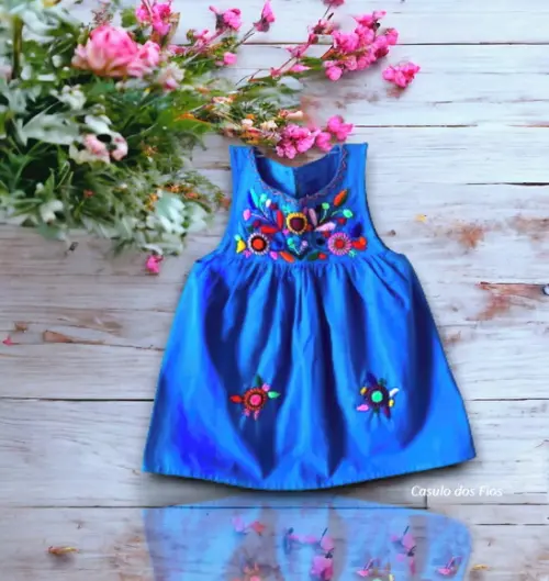 Vestido Infantil 2 a 3 Anos Mexicano Bordado a Mão Azul