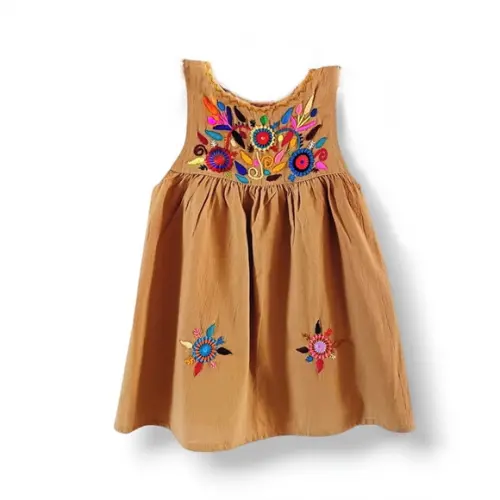 Vestido Infantil 2 a 3 Anos Mexicano Bordado a Mão Bege