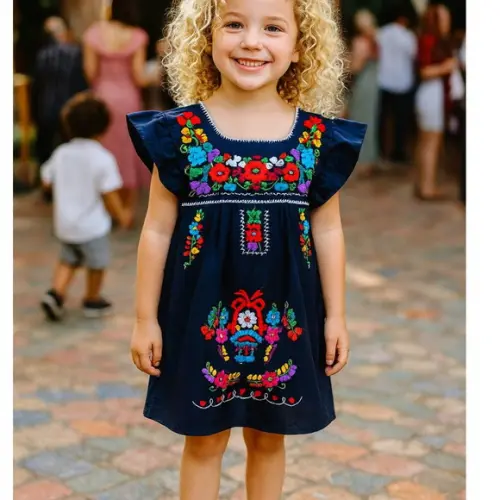 Vestido Infantil Bordado a Mão Preto 4 a 6 Anos Mexicano