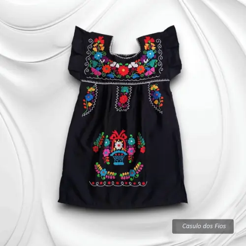 Vestido Infantil Bordado a Mão Preto 4 a 6 Anos Mexicano
