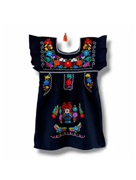 Vestido Infantil Bordado a Mão Preto 4 a 6 Anos Mexicano