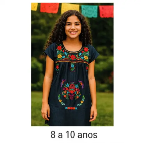 Vestido Jeans Bordado a Mão 8 a 10 Anos Mexicano