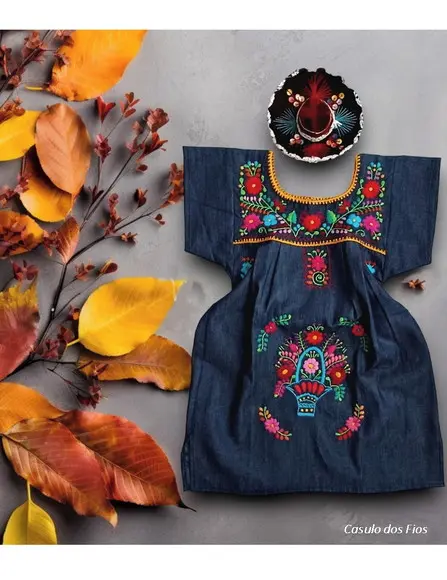 Vestido Infantil Jeans Bordado a Mão 4 a 6 Anos Mexicano