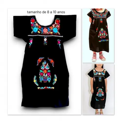 Vestido Mexicano 10 a 12 Anos Bordado a Mão Preto